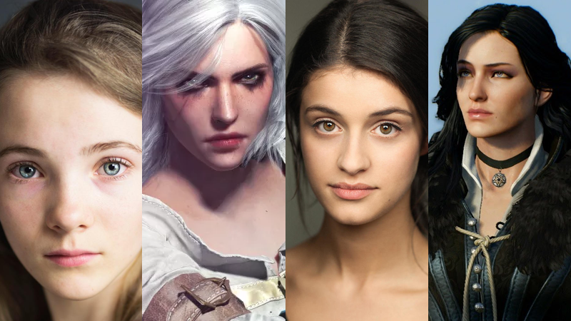 Freya Allan and Anya Chalotra alongside their Witcher video game counterparts, Ciri and Yennefer.